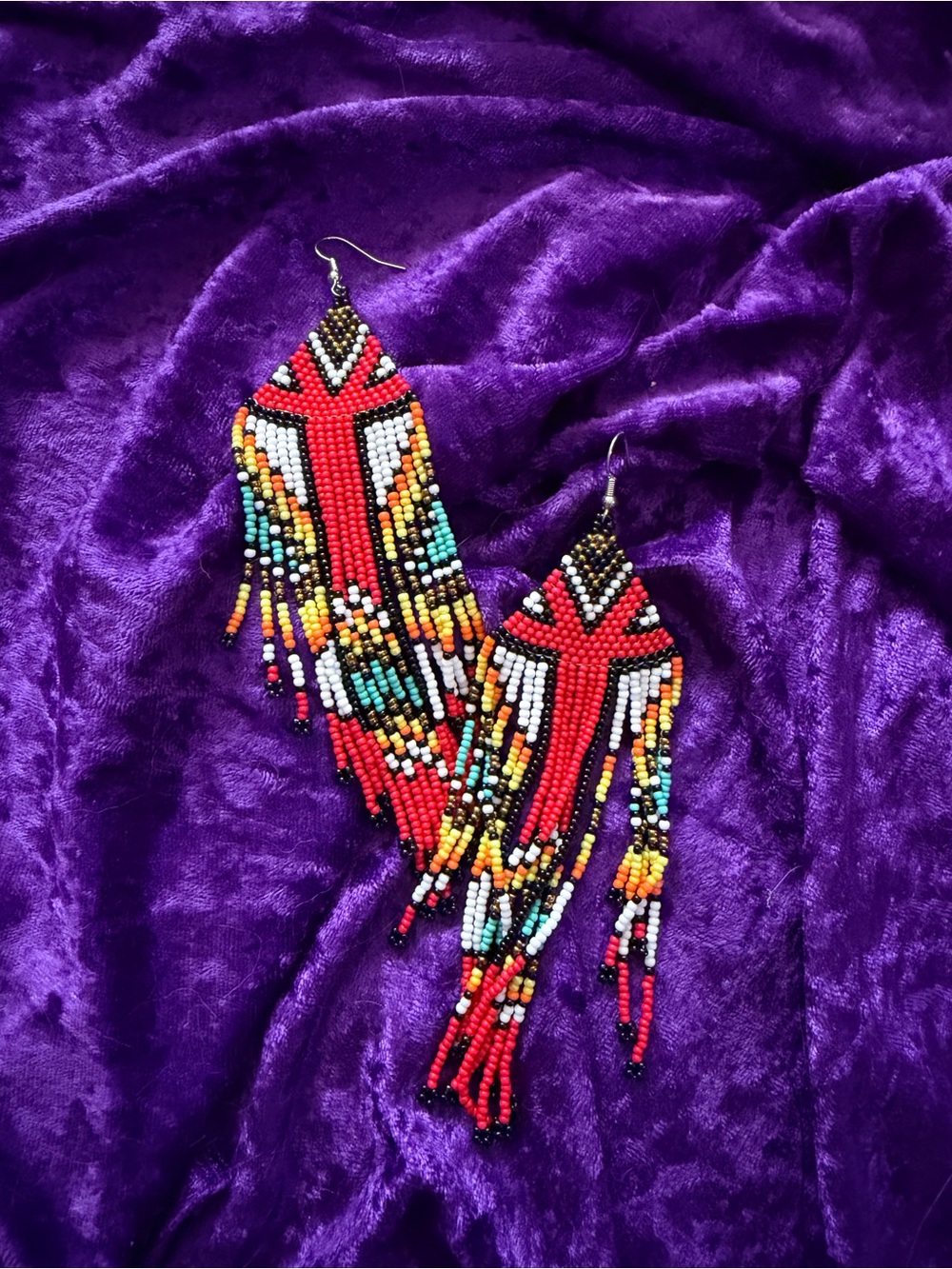 Red Multicolor Beaded Fringe Earrings